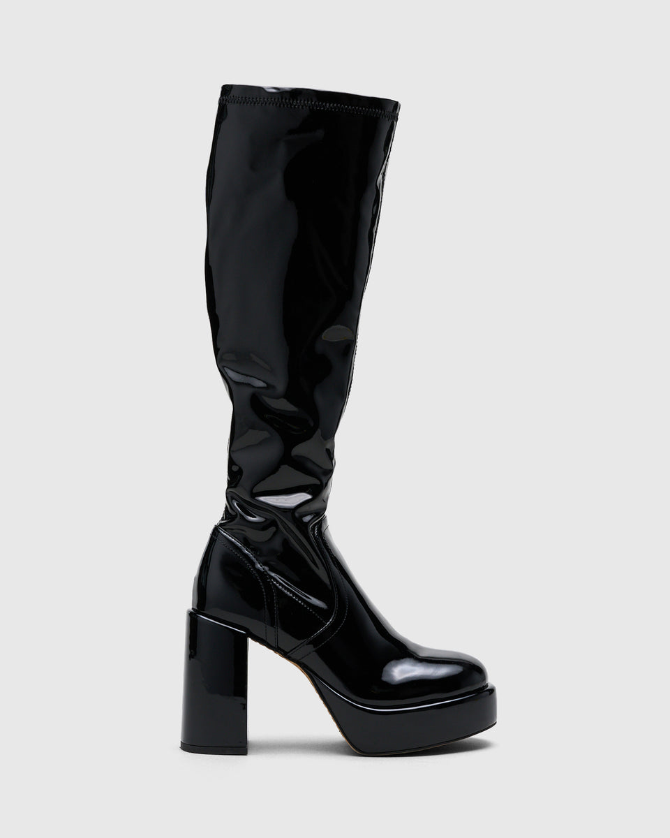 Black patent top gogo boots